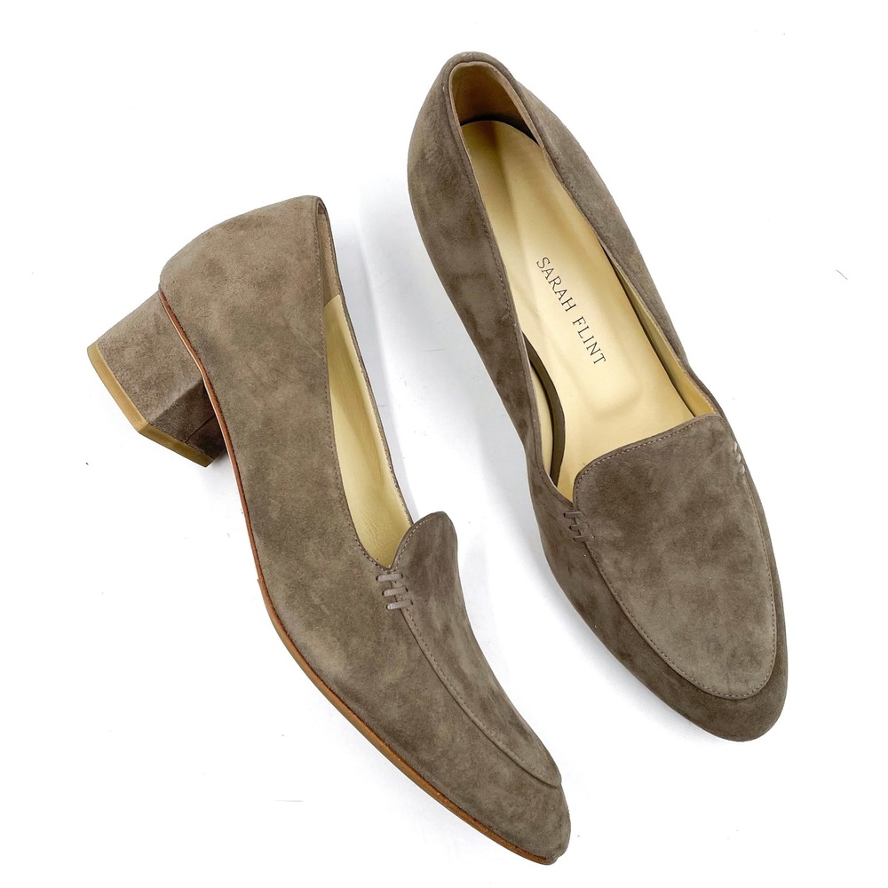 Sarah Flint Rosie Loafers Suede Block Heel Slip On Taupe Sz 38.5 /‎ 8